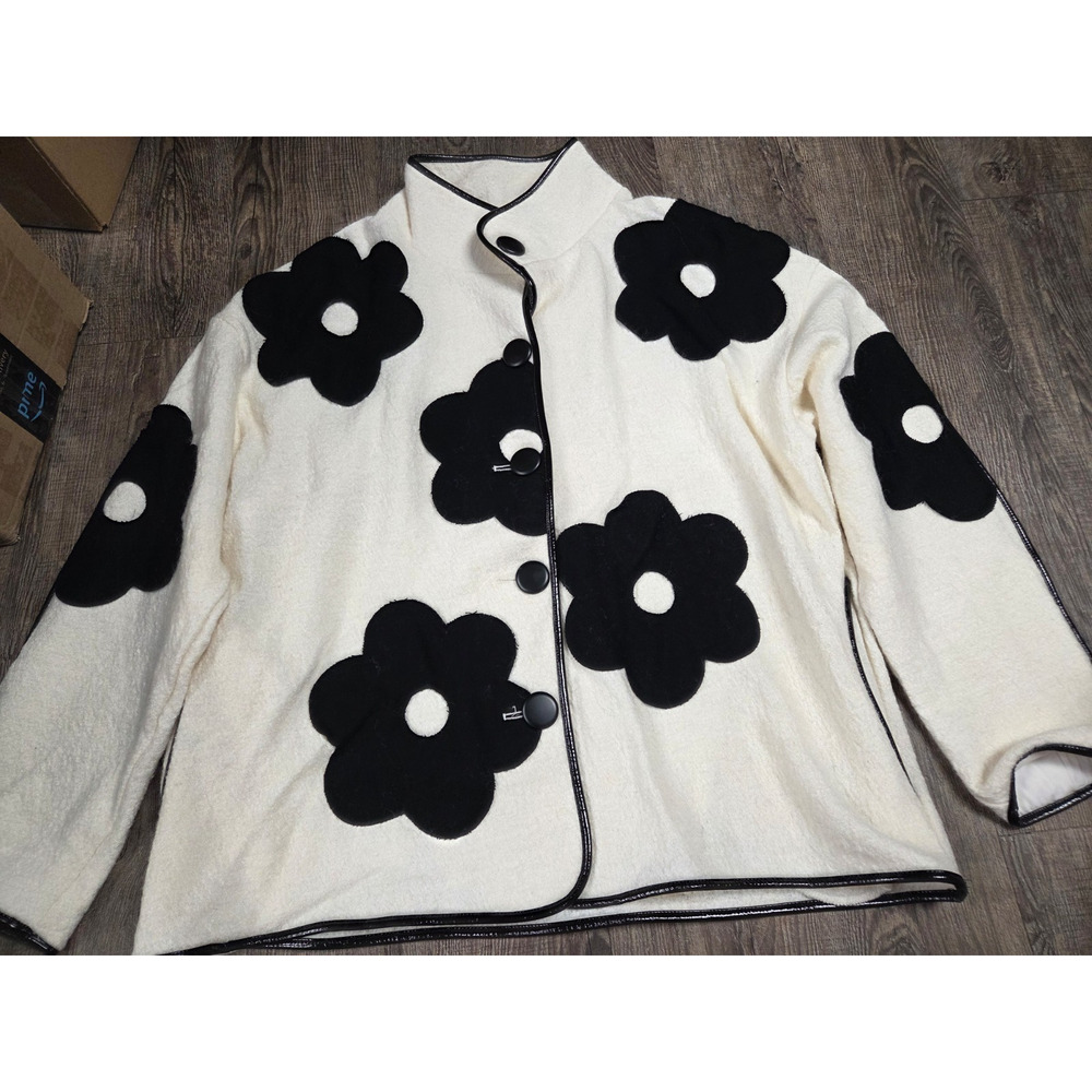 ORLY Cream Black Felt Flowers Hillary Coat Jacket Wool Blend Large Boutique